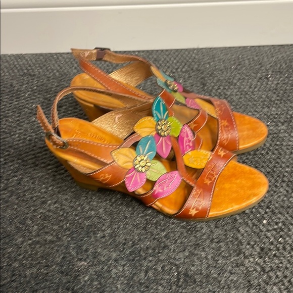 Spring Step L’Artiste couture floral hand painted Leather wedge sandals Size 38 - Picture 1 of 9